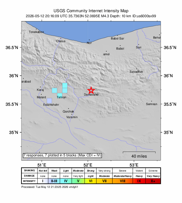 USGS DYFI community-reported intensity map for the M4.3 earthquake near 1 km N of Damāvand, Iran
