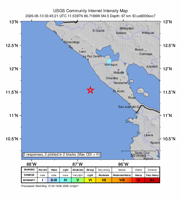 USGS DYFI community-reported intensity map for the M4.5 earthquake near 35 km SW of Masachapa, Nicaragua
