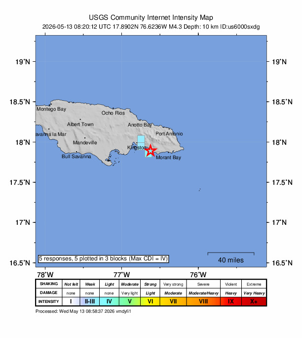 USGS DYFI community-reported intensity map for the M4.3 earthquake near 5 km SW of Easington, Jamaica