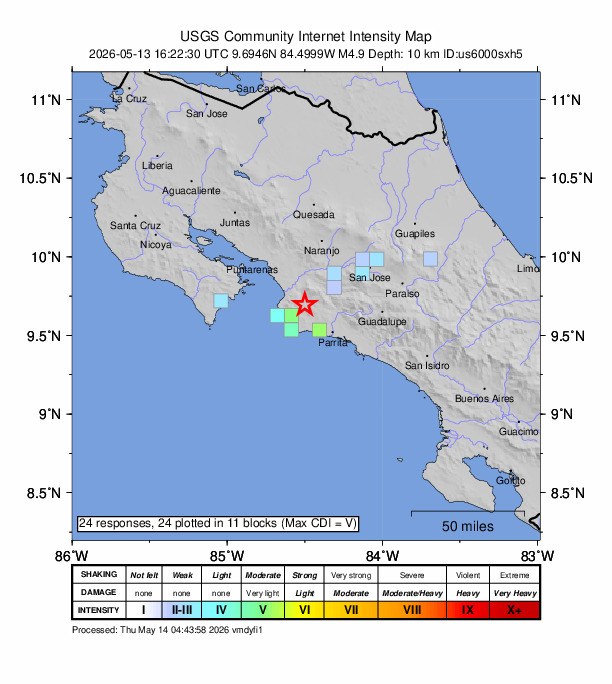 USGS DYFI community-reported intensity map for the M4.9 earthquake near 16 km ENE of Jacó, Costa Rica