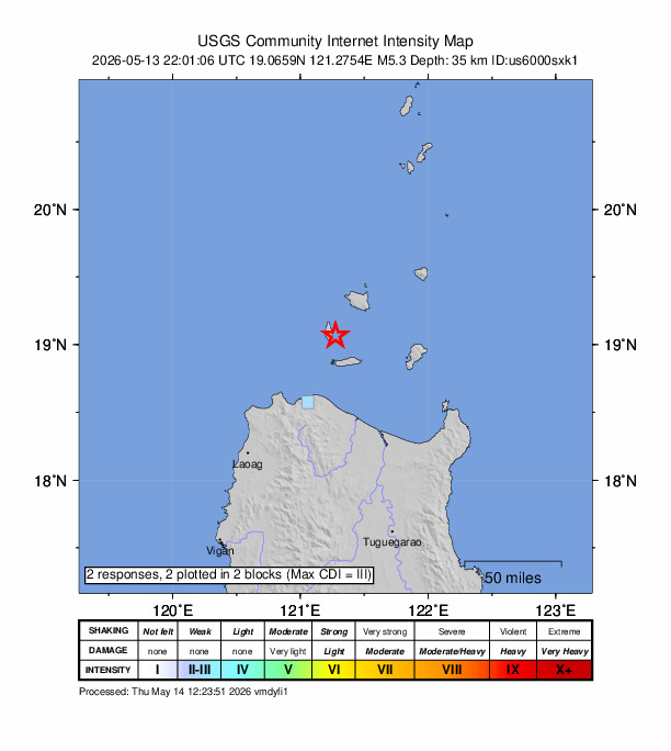 USGS DYFI community-reported intensity map for the M5.3 earthquake near 51 km NNE of Namuac, Philippines