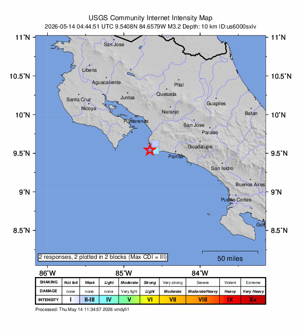 USGS DYFI community-reported intensity map for the M3.2 earthquake near 8 km SSW of Jacó, Costa Rica
