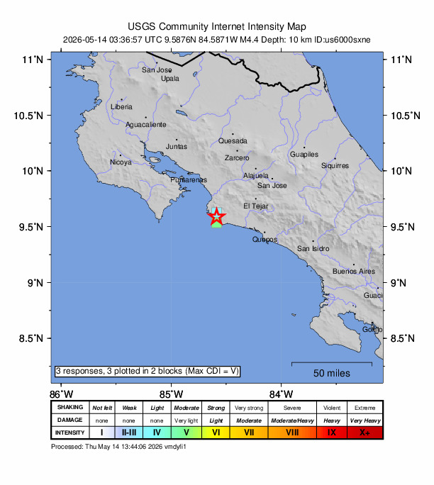USGS DYFI community-reported intensity map for the M4.4 earthquake near 5 km ESE of Jacó, Costa Rica