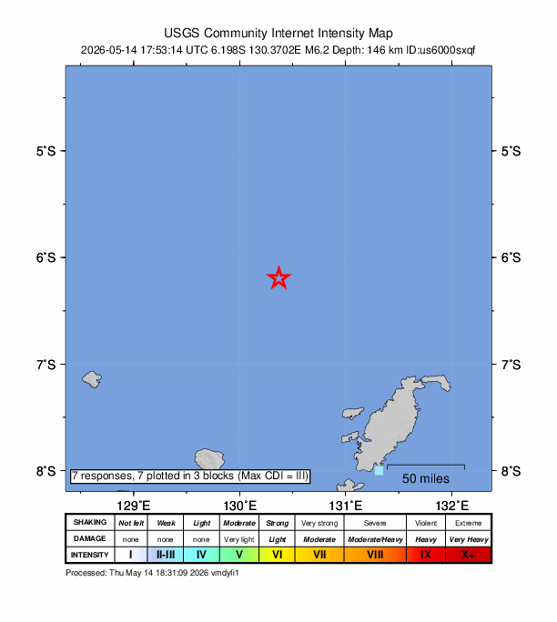 USGS DYFI community-reported intensity map for the M6.2 earthquake near 271 km WSW of Tual, Indonesia