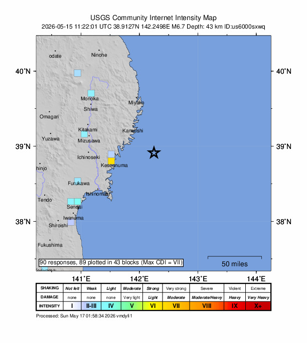 USGS DYFI community-reported intensity map for the M6.7 earthquake near 49 km ESE of Ōfunato, Japan