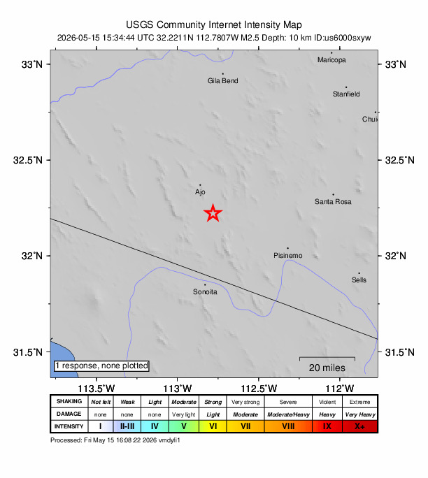 USGS DYFI community-reported intensity map for the M2.5 earthquake near 6 km SW of Why, Arizona