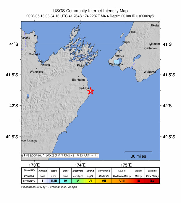 USGS DYFI community-reported intensity map for the M4.4 earthquake near 34 km SE of Witherlea, New Zealand