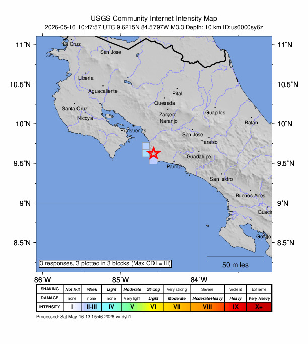 USGS DYFI community-reported intensity map for the M3.3 earthquake near 5 km E of Jacó, Costa Rica