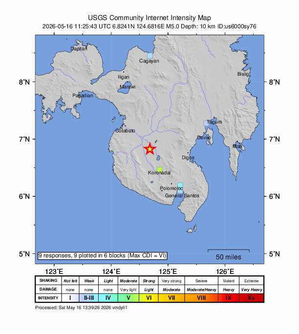 USGS DYFI community-reported intensity map for the M5.0 earthquake near 5 km WSW of Badak, Philippines