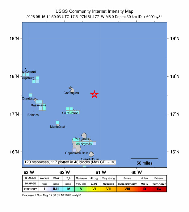 USGS DYFI community-reported intensity map for the M6.0 earthquake near 70 km ESE of Codrington, Antigua and Barbuda