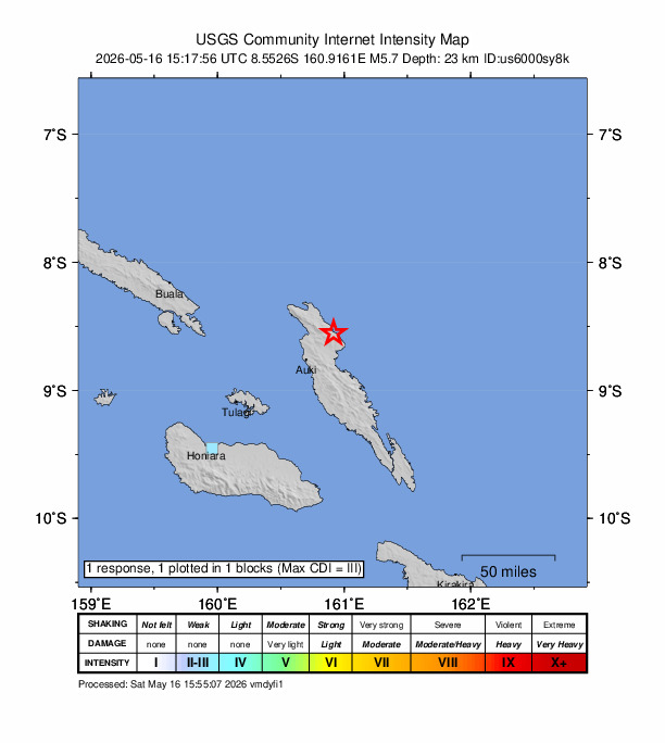 USGS DYFI community-reported intensity map for the M5.7 earthquake near 33 km NE of Auki, Solomon Islands
