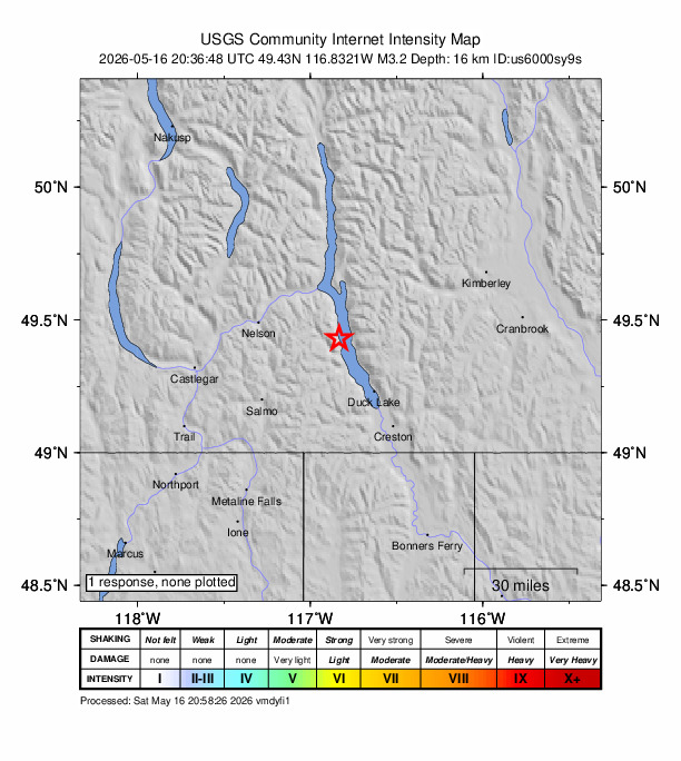 USGS DYFI community-reported intensity map for the M3.2 earthquake near 33 km ESE of Nelson, Canada