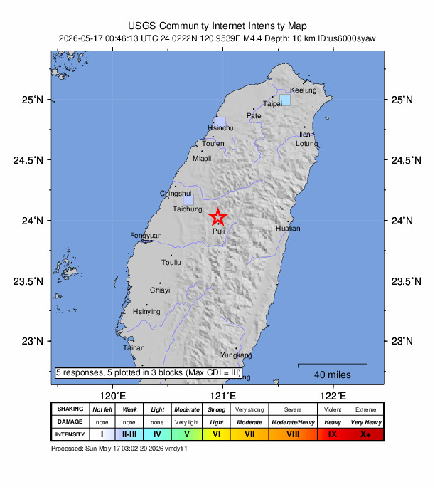 USGS DYFI community-reported intensity map for the M4.4 earthquake near 6 km NNW of Puli, Taiwan