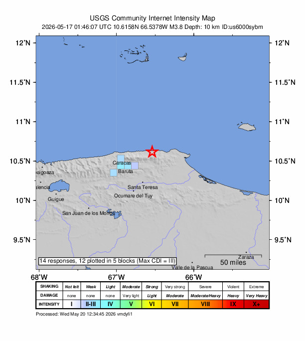 USGS DYFI community-reported intensity map for the M3.8 earthquake near 15 km N of Guatire, Venezuela