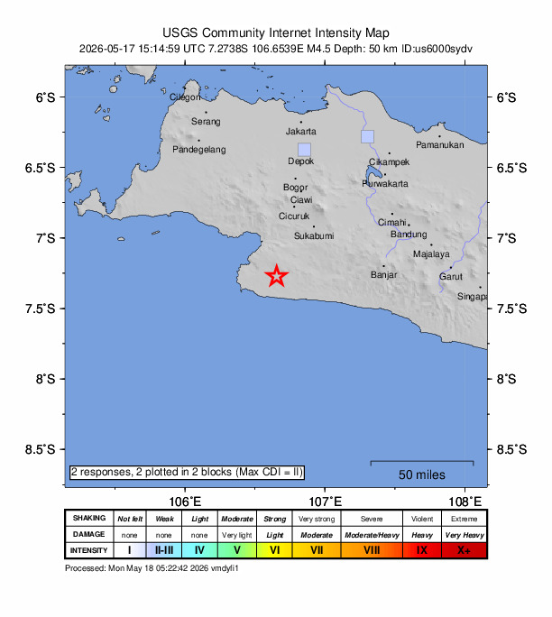USGS DYFI community-reported intensity map for the M4.5 earthquake near 33 km SSE of Pelabuhanratu, Indonesia