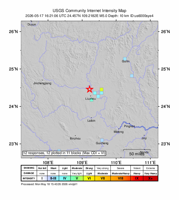USGS DYFI community-reported intensity map for the M5.0 earthquake near 24 km NW of Liuzhou, China