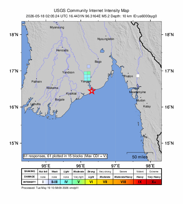 USGS DYFI community-reported intensity map for the M5.2 earthquake near 36 km SSE of Syriam, Burma (Myanmar)