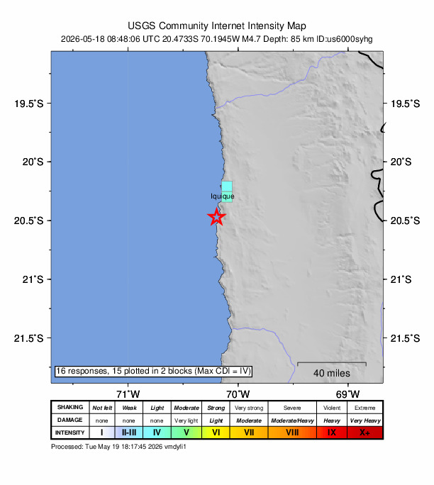 USGS DYFI community-reported intensity map for the M4.7 earthquake near 22 km SSW of La Tirana, Chile