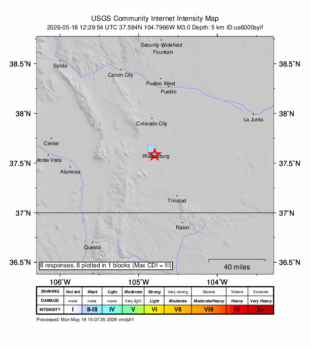 USGS DYFI community-reported intensity map for the M3.0 earthquake near 4 km SSW of Walsenburg, Colorado