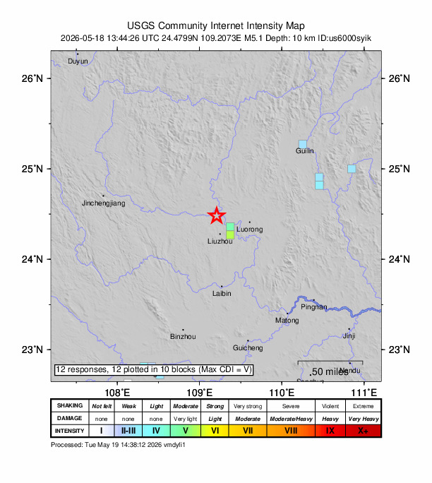 USGS DYFI community-reported intensity map for the M5.1 earthquake near 26 km NW of Liuzhou, China