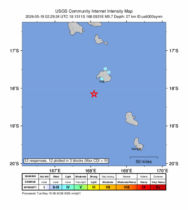USGS DYFI community-reported intensity map for the M5.7 earthquake near 51 km SSW of Port-Vila, Vanuatu