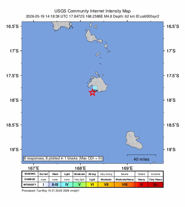 USGS DYFI community-reported intensity map for the M4.8 earthquake near 13 km SSW of Port-Vila, Vanuatu