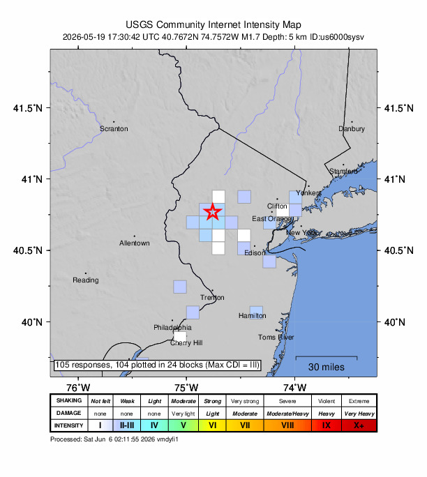 USGS DYFI community-reported intensity map for the M1.8 earthquake near 5 km W of Gladstone, New Jersey