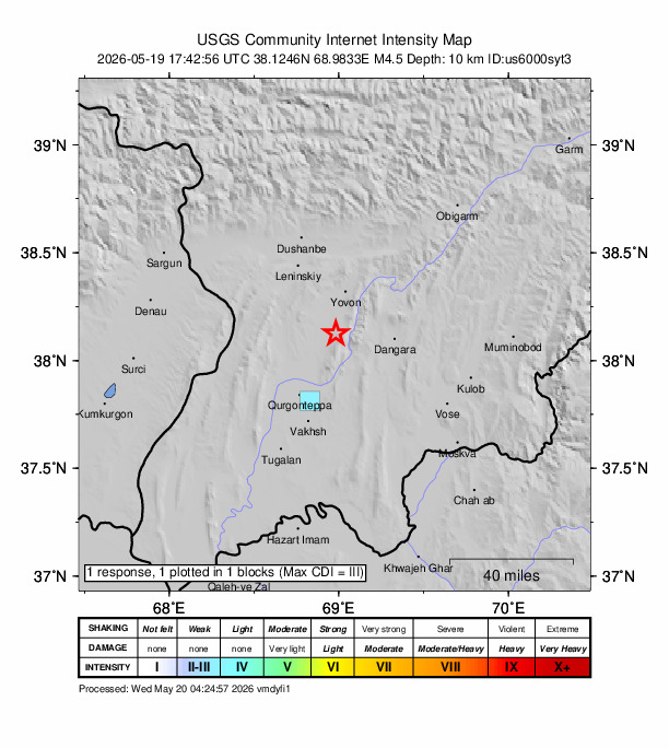 USGS DYFI community-reported intensity map for the M4.5 earthquake near 21 km SSW of Yovon, Tajikistan