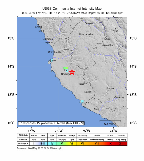 USGS DYFI community-reported intensity map for the M5.8 earthquake near 20 km ESE of Pampa de Tate, Peru