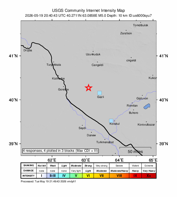 USGS DYFI community-reported intensity map for the M5.0 earthquake near 35 km WNW of Gazli, Uzbekistan