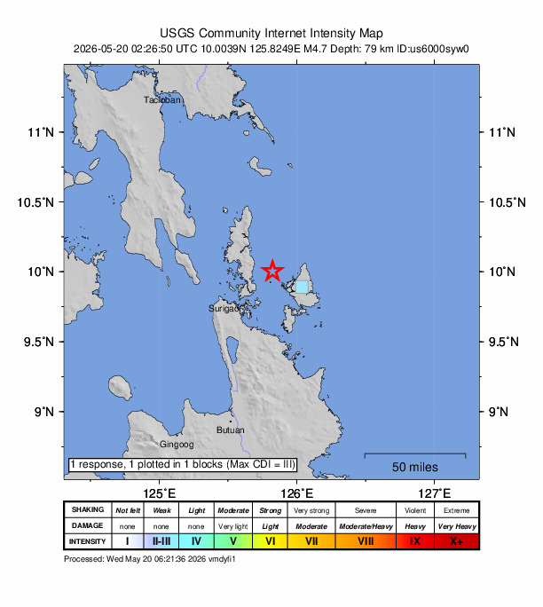 USGS DYFI community-reported intensity map for the M4.7 earthquake near 19 km ENE of Cagdianao, Philippines