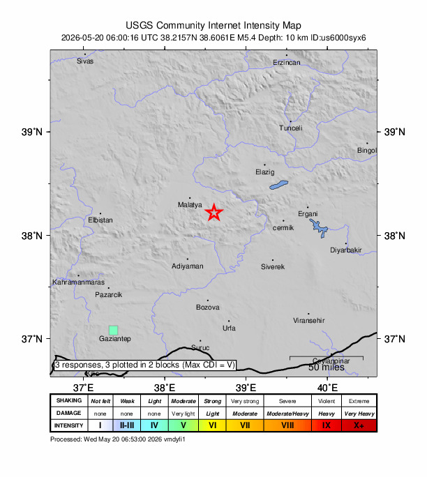 USGS DYFI community-reported intensity map for the M5.4 earthquake near 19 km N of Sincik, Turkey