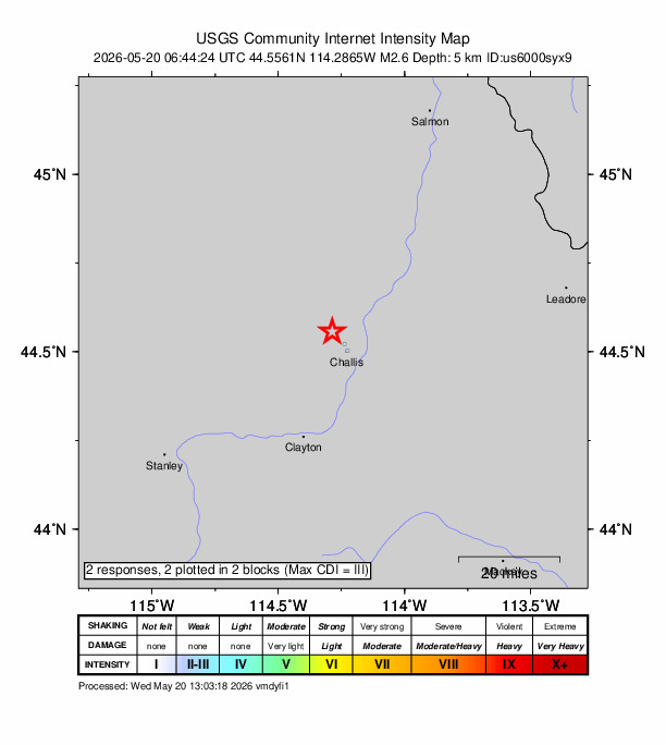 USGS DYFI community-reported intensity map for the M2.6 earthquake near 7 km NW of Challis, Idaho