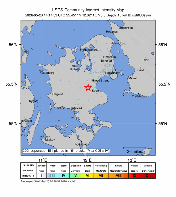 USGS DYFI community-reported intensity map for the M3.5 earthquake near 1 km SW of Bjæverskov, Denmark
