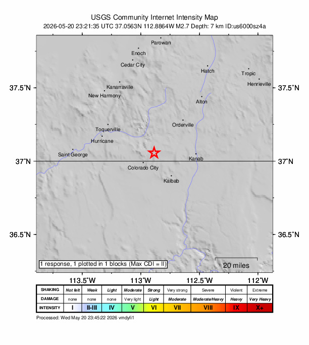 USGS DYFI community-reported intensity map for the M2.7 earthquake near 9 km NE of Hildale, Utah