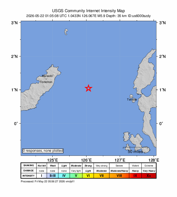 USGS DYFI community-reported intensity map for the M5.9 earthquake near 113 km ESE of Bitung, Indonesia