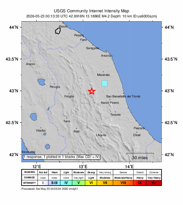 USGS DYFI community-reported intensity map for the M4.2 earthquake near 3 km W of Bolognola, Italy