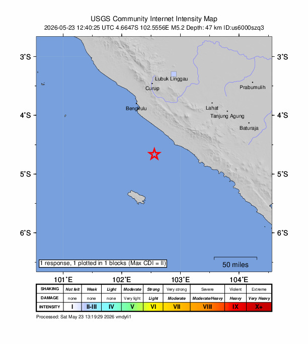 USGS DYFI community-reported intensity map for the M5.2 earthquake near 100 km SSE of Bengkulu, Indonesia