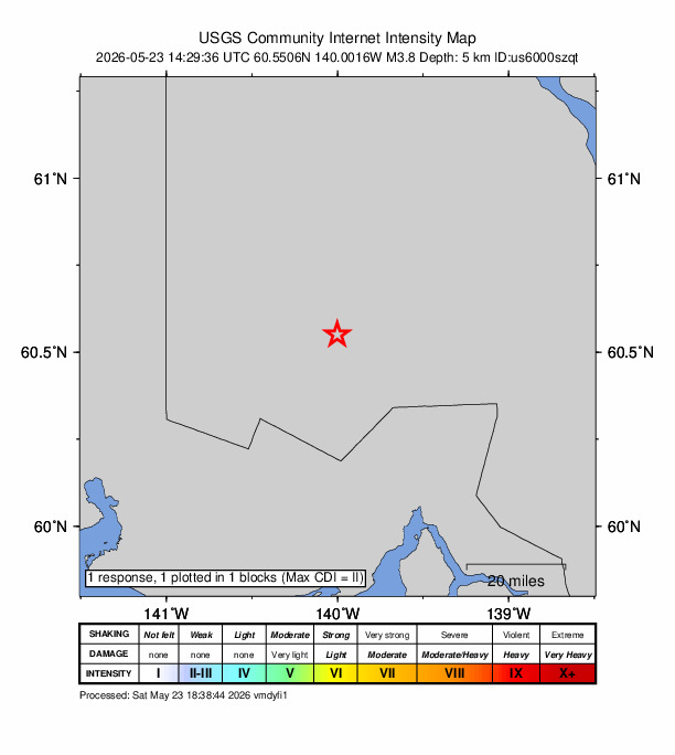 USGS DYFI community-reported intensity map for the M3.8 earthquake near 112 km N of Yakutat, Alaska