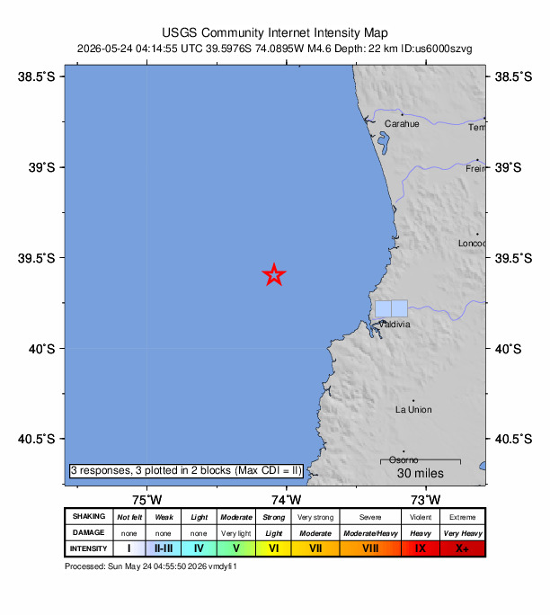USGS DYFI community-reported intensity map for the M4.6 earthquake near 64 km WNW of Corral, Chile