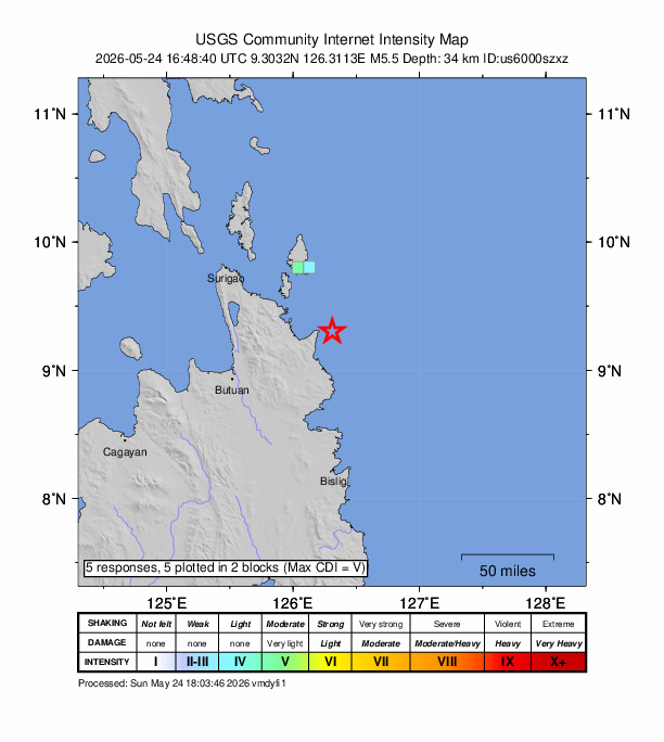 USGS DYFI community-reported intensity map for the M5.5 earthquake near 13 km E of Cortes, Philippines