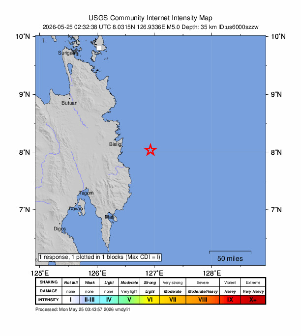 USGS DYFI community-reported intensity map for the M5.0 earthquake near 54 km E of Santa Maria, Philippines