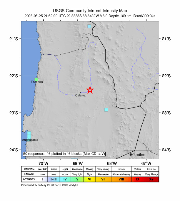 USGS DYFI community-reported intensity map for the M6.9 earthquake near 29 km ENE of Calama, Chile