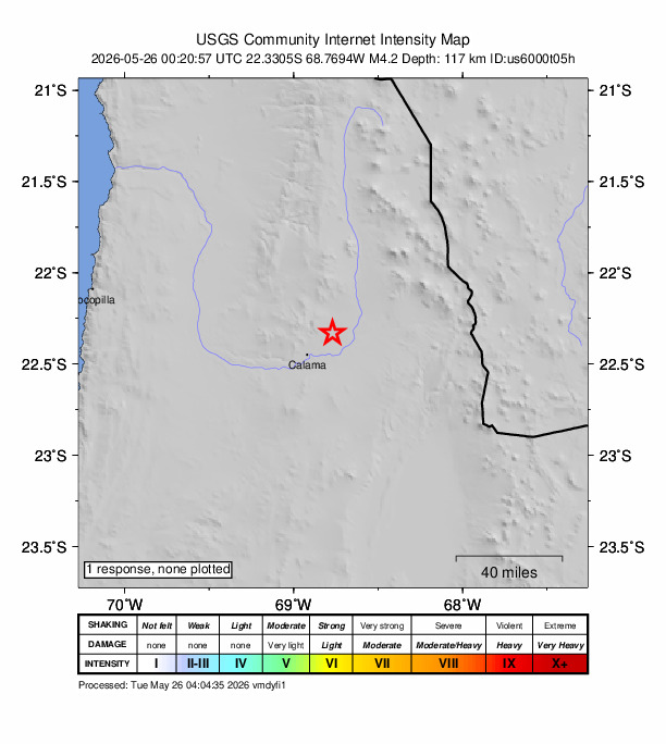 USGS DYFI community-reported intensity map for the M4.2 earthquake near 21 km NE of Calama, Chile