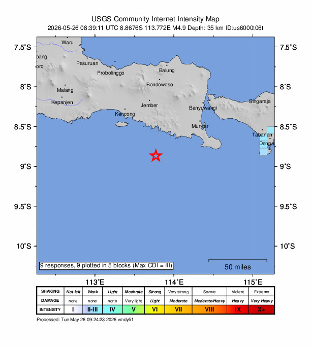 USGS DYFI community-reported intensity map for the M4.9 earthquake near 66 km SW of Gambiran Satu, Indonesia