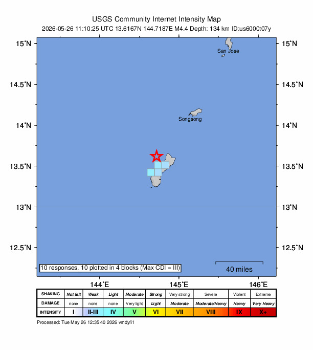 USGS DYFI community-reported intensity map for the M4.4 earthquake near 15 km NNW of Tamuning-Tumon-Harmon Village, Guam