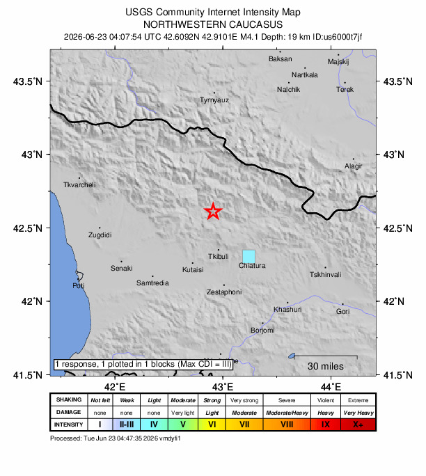 USGS DYFI community-reported intensity map for the M4.1 earthquake near 22 km WNW of Ambrolauri, Georgia
