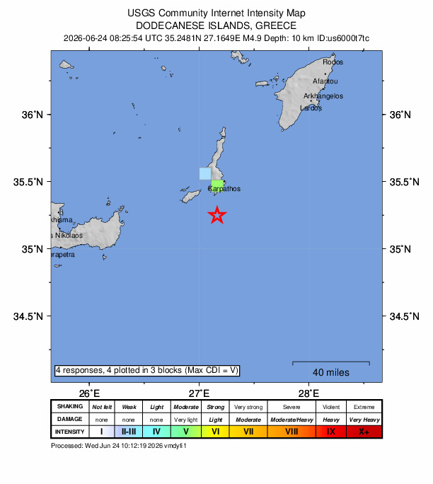 USGS DYFI community-reported intensity map for the M4.9 earthquake near 28 km SE of Fry, Greece