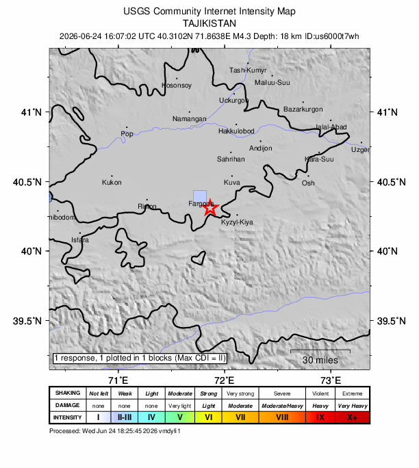 USGS DYFI community-reported intensity map for the M4.3 earthquake near 10 km W of Quvasoy, Uzbekistan