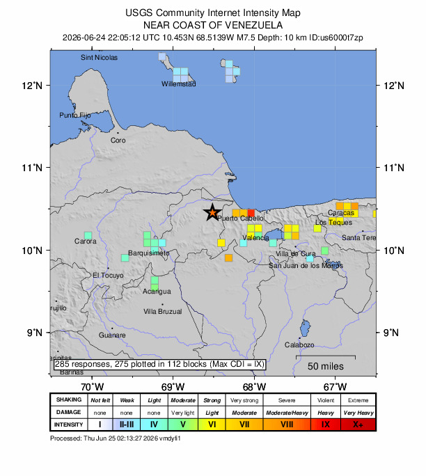 USGS DYFI community-reported intensity map for the M7.5 earthquake near 23 km SE of Yumare, Venezuela
